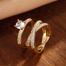 2pcs Women's Micro-Inlaid Zirconia Wedding Rings - Yellow Gold - View 13
