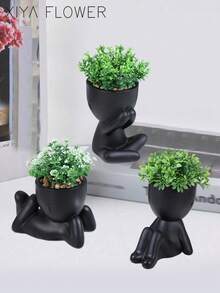 1/3pcs Artificial Succulent Plants, Single Piece Small Human Shaped Succulent Planter, 3 Styles Available, Black Vase, Cartoon Design, PP/PE Material, Green, Desktop Decor, Home Decor, Garden Decor, School, Valentine's Day Gift, Dorm, Office Decor - Black - View 8