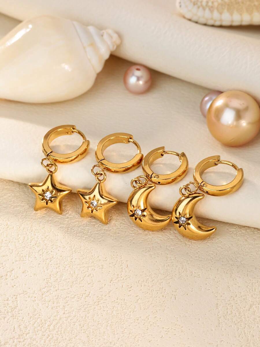 18K镀金不锈钢星月形耳环，镶嵌立方氧化锆，女士珠宝配饰，婚礼及节日礼物，送给妈妈/闺蜜 - 多款 - 查看 1