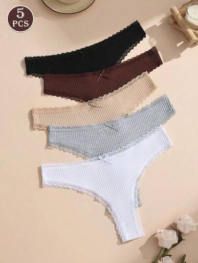 Paquete de 5 tangas de mujer con encaje romántico y parches, decoración con lazos, ropa interior de mujer suave y transpirable de algodón elástico