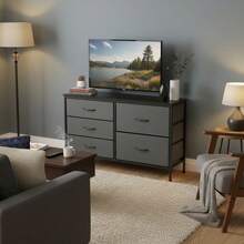 5 Drawer Dresser Bedroom, 39.4 Fabric Chest Of Drawers With Wooden Top, Storage Organizer Closet, Hallway & Living Room, Rustic Brown - Gray - 查看 5