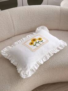 1pc French Elegant Embroidered Sunflower Pattern Throw Pillow Cover, Bohemian Floral Design With Delicate Ruffled Lace Trim And Durable Washable Fabric, Convenient Zipper Closure, Ideal Decor For Living Room, Bedroom, Sofa, And Wedding Scenes, Pillow Insert Not Included