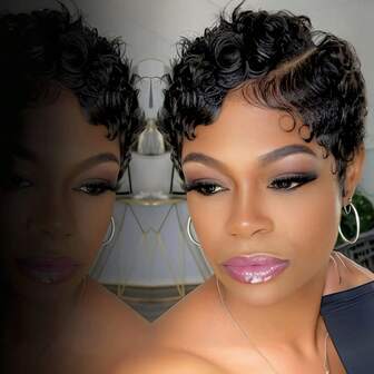 适合的蕾丝前额卷曲短款真人发假发，13*4*1 T型蕾丝前额假发，精灵短发假发，1B色短款真人发假发，适合，层次感精灵短发假发，带刘海，适合日常佩戴。