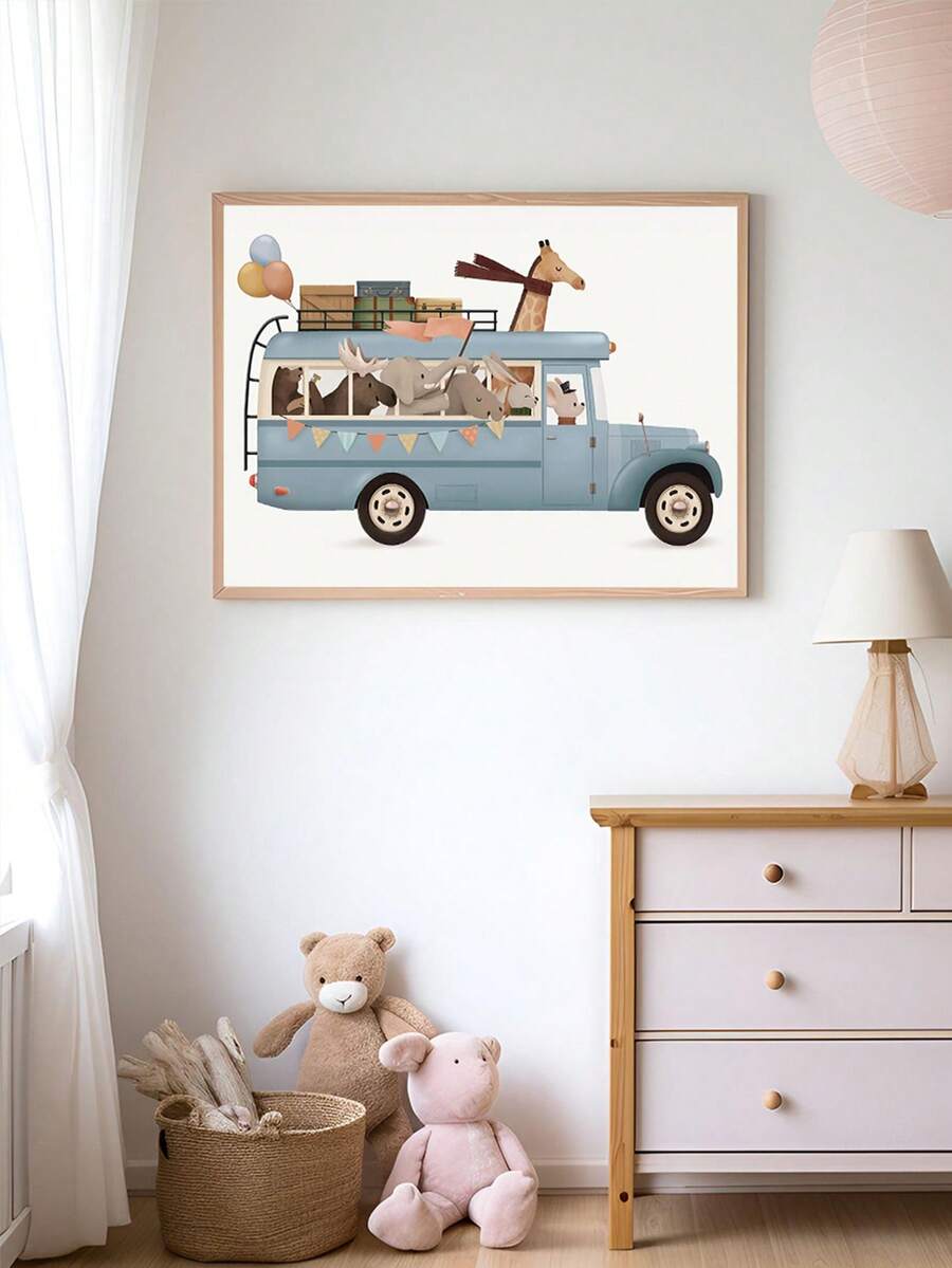 单幅帆布墙画，森林动物图案 - 奇幻冒险巴士主题儿童房装饰画，充满活力的幼儿卧室艺术画，带框儿童房墙画，女孩房墙面装饰画，男女宝宝房装饰画，女孩卧室装饰画，儿童房装饰画，防水，适合儿童房、游戏室装饰 - 彩色 - 查看 1