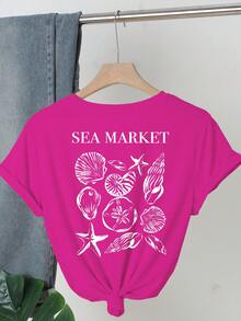 大码女式纯色圆领短袖休闲宽松T恤，带有海底世界元素图案，夏季