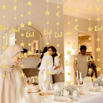 1 set guldfärgad laser EID halvmånepappershängande girlang, lämplig för Ramadan, Eid Al-Fitr-fest, festivalfirande, hem Ramadan Kareem, Ramadan Mubarak, Eid Mubarak-temafestdekoration
