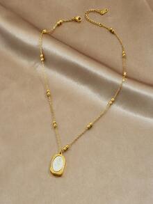 1件复古法式不对称几何雕刻吊坠项链，配镀金链 - 白色 - 查看 3