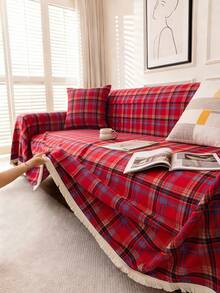 1件复古美式格子多功能防滑沙发套毯，带流苏