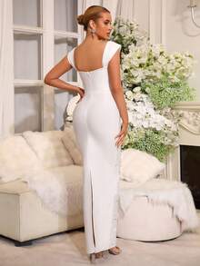 新款黄色性感重工闪亮珍珠钻石露肩绷带长裙优雅女士生日派对婚礼宾客正式晚宴礼服 - 白色 - 查看 8