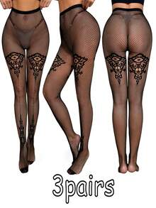 1-3 Pairs High Elasticity European And American Cross-Border Fishnet Stockings, Fashionable Girl Sexy Tattoo Jacquard Lace Hollow Out Mesh Pantyhose - Multicolor - View 31