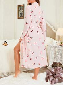 女士樱桃印花长袖睡袍，带口袋，保暖秋冬睡衣，优雅时尚，厚实舒适，适合秋冬季节穿着，透气性好，适合户外、度假和居家穿着，女士秋冬浴袍浴室装饰 - 彩色 - 查看 9