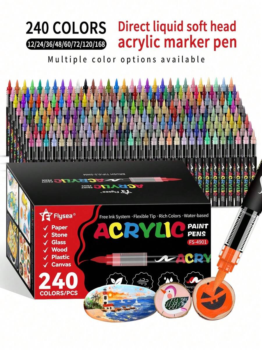 240 Colors Acrylic Markers, Marker Pens Coloring Set,Quick Drying, Fade Resistant,Perfect For Painting, Illustrations, Handcrafted Art,School Back-To-School Season For Coloring Books And Other DIY Projects,Suitable For Paper, Fabric, Wood, Rocks, Plastic, Glass, Ceramics, Pumpkins, Metal,Etc., Acrylic Paint Marker Pens, Easter,Thanksgiving, Halloween, Christmas Gifts - Multicolor - View 1
