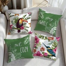 4pcs Tropical Watercolor Floral & Bird Pattern Cushion Covers, Single-Sided Soft Peach Velvet Fabric, 45*45CM Pillow Covers For Home Bedroom Living Room Party Sofa Decor, Decorative Throw Pillow Covers Gift, No Pillow Insert