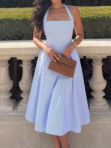 Women's Blue & White Striped Halter Midi Dress | Square Neck Sleeveless Flared Dress For Vacation & Brunch - Blue - View 8