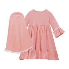 2 piezas Conjunto de vestido musulmán para niñas - Vestido de unicolor de manga larga + Pañuelo para la cabeza - Caqui - Ver 6