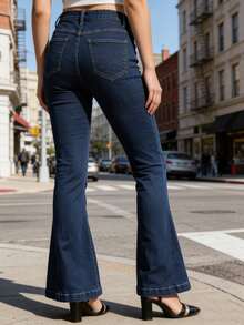 Jean évasé stretch taille mi-haute pour femme (tailles UE) - Pantalon en denim foncé à jambes larges et boutons multiples, idéal pour un style décontracté et vintage au quotidien. - Jean brut - Voir 2