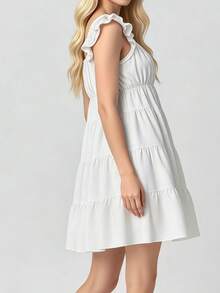 Women Tiered Mini Dress Solid V Neck Flutter Sleeve Backless A-Line Short Dress For Daily Party Club - 白色 - 查看 4