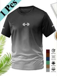 Men's Gradient Print Short Sleeve T-Shirt, Breathable Sports Outdoor Top, Men's Fitness Wear, Quick-Dry Fabric, Suitable For Outdoor Sports, Training, Running, Casual Daily Wear - Grey - View 1