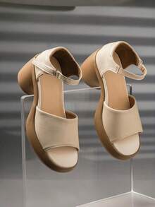 女士优雅搭扣装饰高跟穆勒凉鞋，细跟，百搭时尚绑带凉鞋 - 杏色 - 查看 1