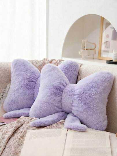 12英寸毛绒蝴蝶结装饰抱枕，柔软仿兔毛蝴蝶结靠垫，适用于床、椅子和沙发，是日常聚会和家居装饰的理想之选。