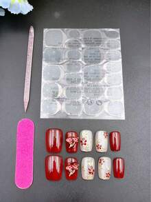10片手工美甲贴纸，红色短梯形，香氛风格，法式美甲，按压式美甲贴，适合新年、情人节、UV灯美甲、夏季、日常佩戴，优雅设计，高端法式风格，凝胶指甲油，闪粉，猫眼效果，金属光泽，全覆盖假指甲贴纸，美甲用品 - 紅色 - 查看 10
