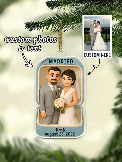 1pc Custom First Christmas Married Ornament, Just Married Acrylic Ornament, Custom Photo Wedding Gift, Couple Ornament 2025,Custom Gift For Bride Groom,Custom Wedding Cartoon Photo And Name Date Ring Box Style Ornament,Personalized Gifts