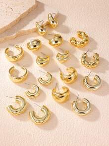 3 pares/9 pares Conjunto de pendientes de aro grueso dorado minimalista y de moda, pendientes de aro gruesos hipoalergénicos para mujeres - Dorado - Ver 2