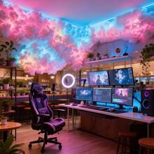 Luz de nube de juego RGB LED DIY para decoración de techo, adecuada para sala de juegos, luz de ambiente con control remoto que cambia de color, brillo de atardecer rosa y azul, aplicable para PC de transmisión, decoración de dormitorio (incluye 1 paquete de tela de algodón, 1 rollo de 4M de pegamento nano y 2M de tira de luz)