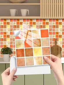 Set de 10 piese de mozaic din PVC cu gradient de tonuri calde pentru decorul casei, decorațiuni de perete suspendate, autocolante pentru podea cu imitație de gresie, autocolante pentru gresie rezistente la apă și umiditate, ușor de curățat, potrivite pentru pereți de fundal TV în sufragerie, bucătării, băi, toalete, balcoane și zone de intrare.