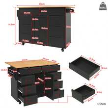 Modern Kitchen Island, Kitchen Cabinet, Extendable Kitchen Trolley With Wheels And Worktop, Serving Trolley With Spice Rack And 8 Drawers, Black - Black - View 2