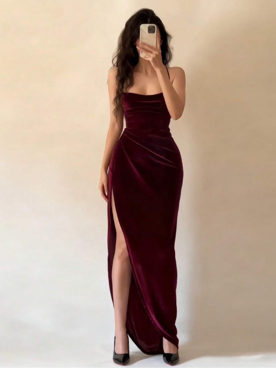 Sexy Backless Tie-Back Split Cocktail Evening Dress - Burgundy - View 1