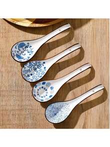 4/5 Stücke asiatischer Keramiklöffel, mit langem Griff, einfach zu greifen, rutschfester Boden, geeignet für japanische Lamian-Nudeln, chinesische und vietnamesische Wonton, Nudelsuppen-Löffel