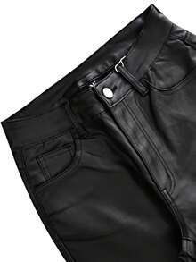 Women Black Faux Leather Flare Pants Y2K Sexy Streetwear Coated Faux PU Leather Pants Loose Casual Micro Flare Leather Pants,2026 Summer - Black - View 7