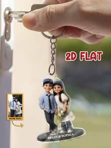 Customized 2D -Style Graphic Art Personalized Acrylic Keychain, Rendered 2D Graphic Based On Uploaded Photo, Personalized Keychain Gift For Family, Suitable For Christmas Decoration, Valentine's Day, Anniversary, Christmas Souvenirs, Wedding Souvenirs