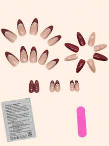 用这款24片装杏仁方形美甲贴片套装，瞬间提升您的造型！优雅的酒红色法式风格，闪亮亮片，时尚金色条纹，全覆盖式设计，专为女性和女孩打造。套装包含1张粘性贴片和1个迷你指甲锉。