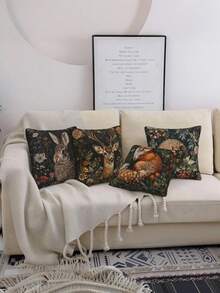 4PCS Vintage Forest Animal Cushion Covers - Deer, Fox, Rabbit, Hedgehog Decorative Pillowcases Essential For Living Rooms, Practical, Reusable, Comfortable Artwork, Soft To The Touch, Zipper Closure Design. Suitable For Sofa, Bed, Or Chair Decorative Pillowcases (45x45cm). Living Room Home Decor. Pillow Inserts Not Included. - Multicolor - View 4
