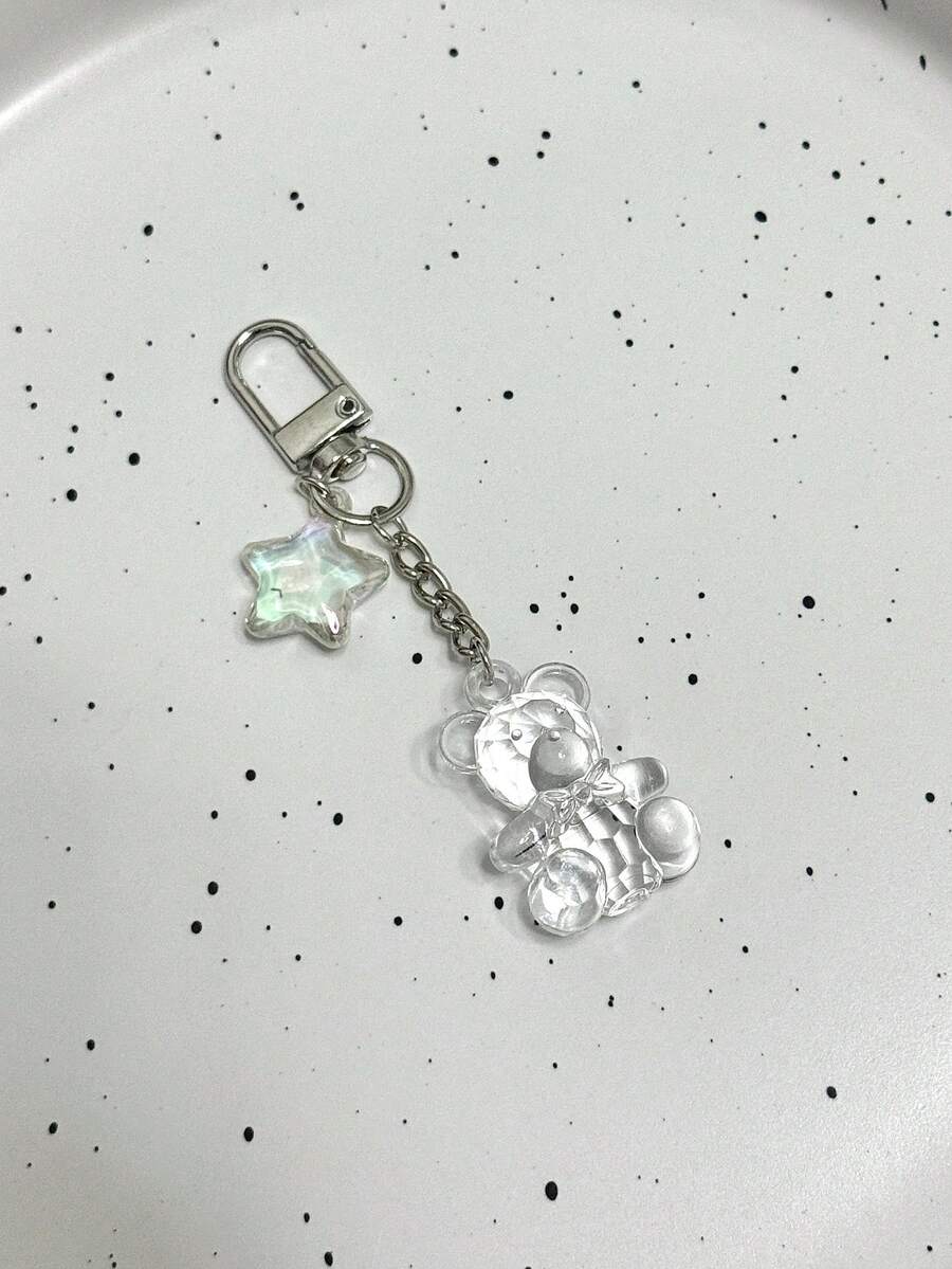 1pc Transparent Teddy Bear Keychain, 3D Cartoon Cute Couple Keyring, Student Backpack Pendant, Personalized Creative Accessory Suitable For Women Daily Use - Transparent - View 1