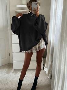 2026秋冬新款女装时尚街头风休闲宽松高领针织套头毛衣，适合返校季、情人节、新年、圣诞节、约会之夜、韩版风格、秋季、端庄女装、Y2K风格、外出上衣、演唱会女装、约会之夜女装、新年、女装冬季、沙特国庆日、时尚、乡村风黑色 - 黑色 - 查看 1