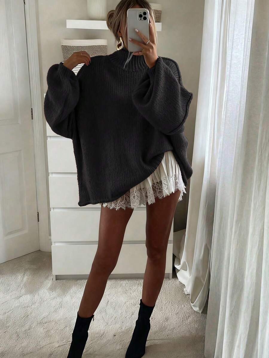 2026秋冬新款女装时尚街头风休闲宽松高领针织套头毛衣，适合返校季、情人节、新年、圣诞节、约会之夜、韩版风格、秋季、端庄女装、Y2K风格、外出上衣、演唱会女装、约会之夜女装、新年、女装冬季、沙特国庆日、时尚、乡村风黑色 - 黑色 - 查看 1