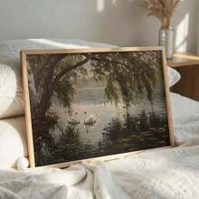 لوحة منظر طبيعي ريفي لبحيرة البجع بإطار/بدون إطار، طباعة لوحة زيتية فينتاج بطراز كلاسيكي حزين، ديكور منزلي مناسب للسكن الجامعي والشقق والغرف المعيشية والنوم والديكور الحديث