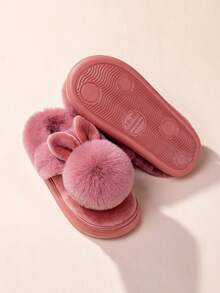 New Autumn/Winter Single Ball Rabbit Warm Slippers, Unisex Couples Solid Color Indoor Non-Slip Backless Slippers, Valentine's Day Gift - Red - View 7