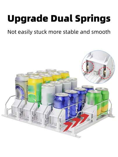 [5PCS/Set Clear Plastic Beverage Organizer] 3/5PCS-Set Clear Plastic Beverage Organizer For Fridge - Easy Glide Pusher & Propeller System, Double-Layer Partition With Secure Buckles - Ideal For Soda Cans & Bottles, Perfect For Kitchen & Desk Organization, Refrigerator Organizers And Storage