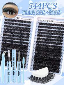 640/608/544片装簇状假睫毛套装,包含胶水、定型液、镊子、睫毛刷、混合款式睫毛册,易于使用,方便旅行携带,柔软自然的睫毛嫁接套装,新手友好,浓密蓬松经典款睫毛套装,可在家DIY,浓密假睫毛适用于专业、日常、婚礼、派对、角色扮演妆容。 - 彩色 - 查看 4