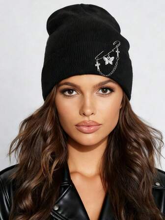 1pc Y2K Punk Style Cross & Butterfly Decor Knit Beanie Hat, Vintage Solid Black Warm Knitted Cap, Suitable For Daily Wear, Can Be Given As Valentine's Day Gift To Wife Or Girlfriend