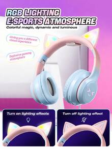 New RGB Glowing Cat Ear Wireless Headphones, Gradient Color Foldable Wireless Bluetooth Headset With Surround Sound, Cute & Fashionable Over-Ear Headphones With Micro SD Card Slot, Suitable For Gaming, Music, Live Streaming - 彩色 - 查看 3