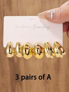 3 pares/9 pares Conjunto de pendientes de aro grueso dorado minimalista y de moda, pendientes de aro gruesos hipoalergénicos para mujeres - Dorado - Ver 9
