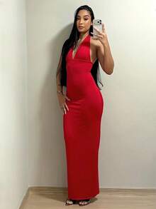 Elegant, Sensual, Long Dress With Halter Neck Tie, Made Of Knit Fabric. - Đỏ - Xem 3