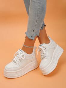 Women's Platform Sneakers, Solid Color Casual Outdoor Lace-Up Lightweight Soft Bottom Elevator Shoes, Fashion Versatile Leisure Ladies Shoes For Outdoor,Trainers Women - White - View 4