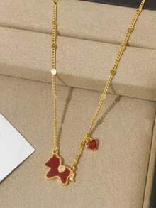 1pc Elegant Chinese Style Sparkling Diamond Horse Pendant Necklace, Red Enamel, Vintage, Zodiac Year Necklace, Enhances Wealth And Meaning, Exclusive For Women - Multicolor 8 - View 3