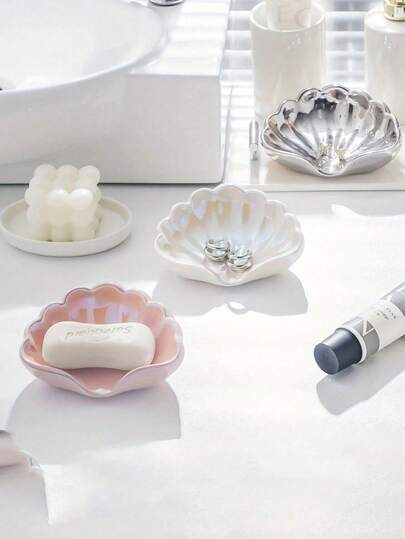 1pc Leaf-Shaped Soap Dish No-Drill Bathroom Countertop Organizer, Durable Plastic Holder For Soap Toothbrushes Toiletries, Modern Home Decor Smooth Finish Vanity Sink Accessory